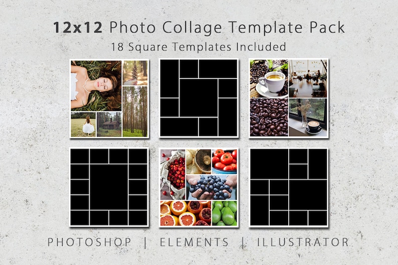 12x12 Digital Photo Collage Template Pack  Scrapbook Templates  Photography Template  Album Templates  Photoshop Template  Square Design
