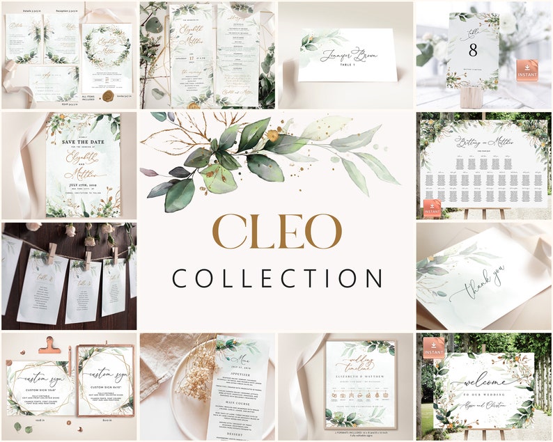 Printable Wedding Invitation Collection  28 Templates  Greenery and Faux Gold  Editable Wedding Stationery  Customizable  Digital Download
