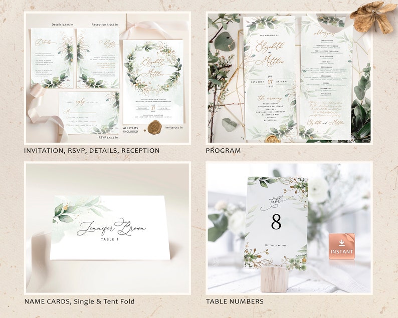Printable Wedding Invitation Collection  28 Templates  Greenery and Faux Gold  Editable Wedding Stationery  Customizable  Digital Download
