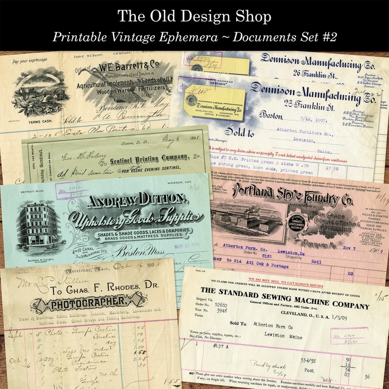 Vintage Documents Set 2 Printable Ephemera Invoices Receipts Checks Cheques English Language Digital Download