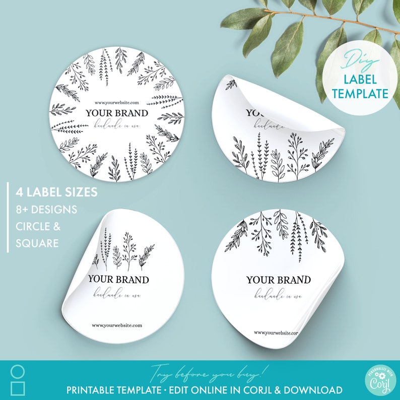 Printable Circle  Square Sticker Label Template (8 Designs   4 Sizes)   Editable Custom Round Label Design   DIY Sticker Templates Download