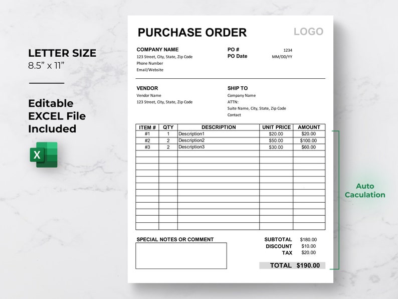 Purchase Order Template  Editable template  MS Excel  Auto Calculation features  Simple Minimalist Order Form Printable  Digital Download