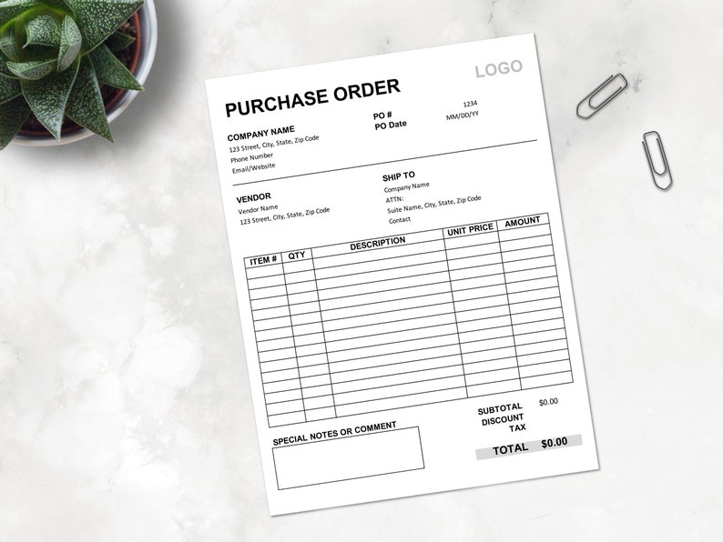 Purchase Order Template  Editable template  MS Excel  Auto Calculation features  Simple Minimalist Order Form Printable  Digital Download