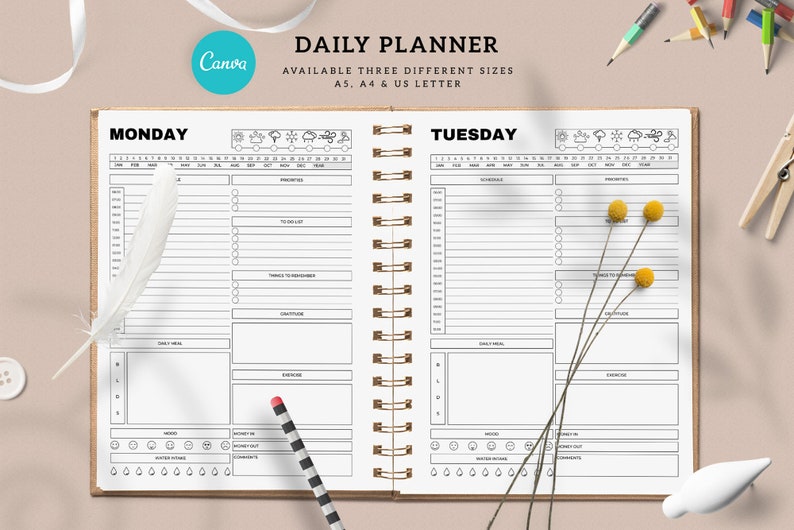 CANVA Daily Planner Sheet  Instant Download Editable Canva Daily Planner  To Do List  Digital Planner Template  Seven Days Planner Layout
