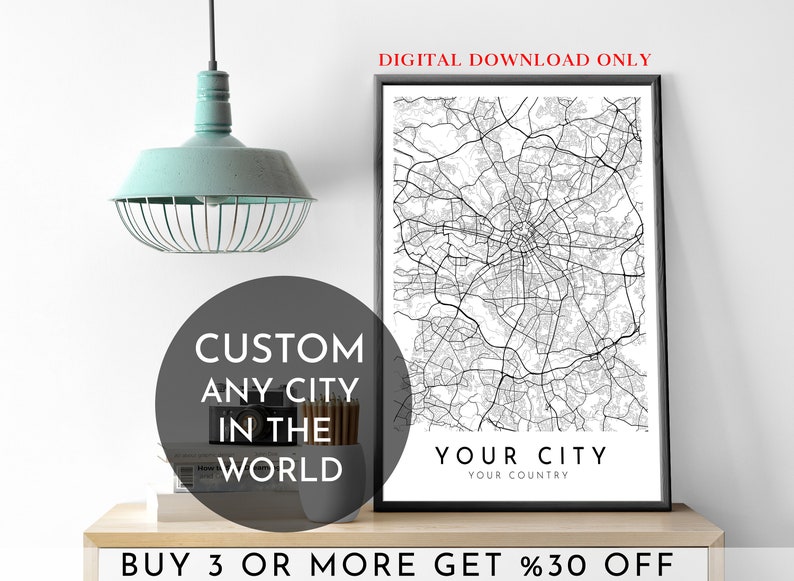 CUSTOM CITY Map  Personalized Map Poster  Printable Map Wall Art  Instant Download Map of Your Location  Any Town  City  Map Gift  DIGITAL
