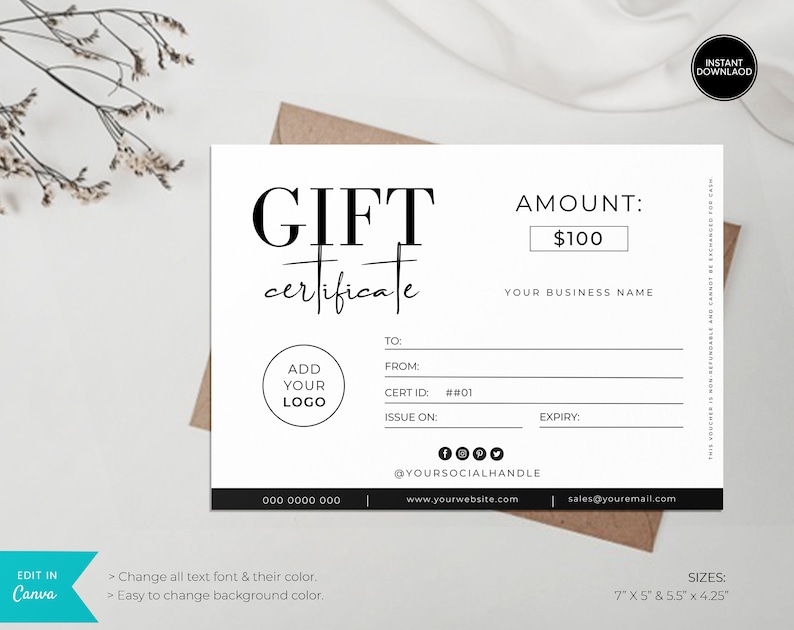 Gift Certificate Template  Editable Gift Certificate Template  Gift Voucher  Editable Gift Card  Instant Download  Add Your Logo  Canva