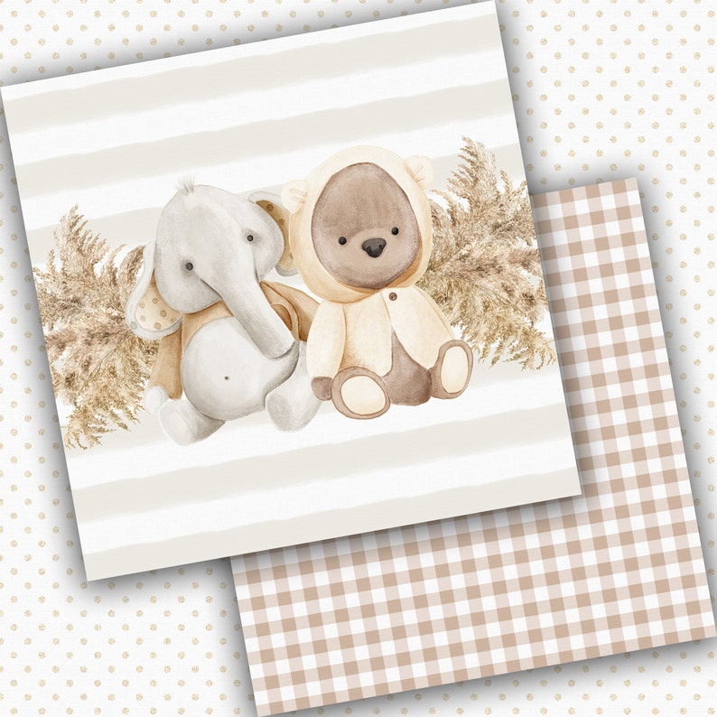 Boho baby bear digital paper pack   Gendre neutral  Scrapbook album  Beige pattern  For boy  For girl  Nursery background  Instant download