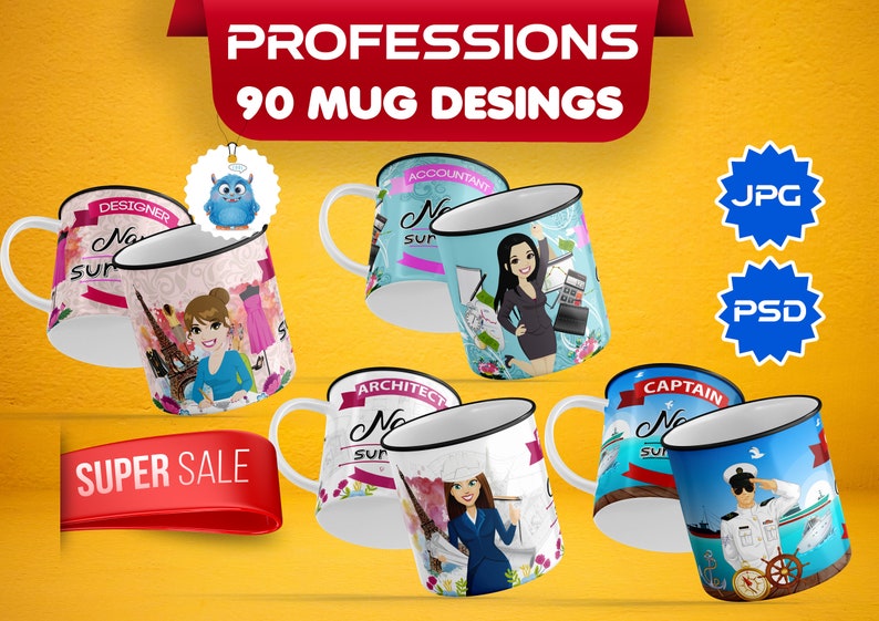 90 Mug Design Template "PROFESSIONS" PSDs  JPG Templates 300 dpi  Digital Download  Sublimation  Mug Sublimation  Template for Mugs  Cups