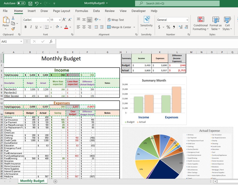 Simple Monthly Budget Excel  Digital Budget  Personal Finance Tracker  Finance Planner  Budget Calculator Spreadsheet  Template Download