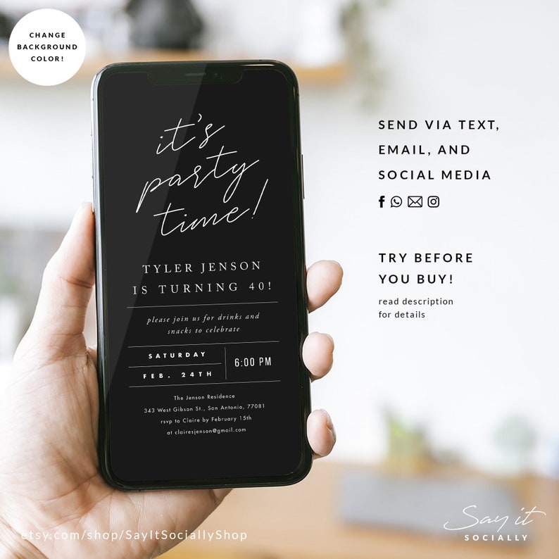 Minimal Modern Party Digital Invitation Template  Mobile Invitation  e invite Phone Invitations  Simple Black and White Text Message Invite