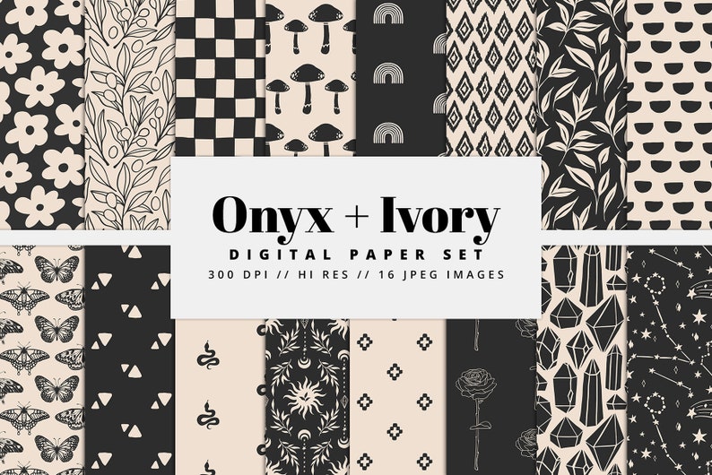 Black and Ivory Digital Paper Set  Seamless Textures  Boho Patterns  Doodle Backgrounds  Trendy Patterns  Printable  Commercial Use
