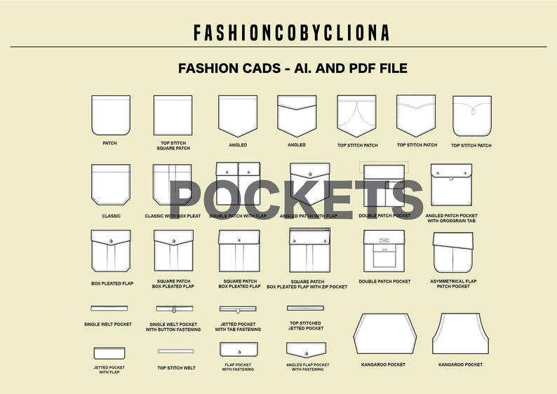 Pockets Pack Fashion Design Template   Flat Sketch Technical Drawing   Illustrator Ai  PDF Vector Instant Download File