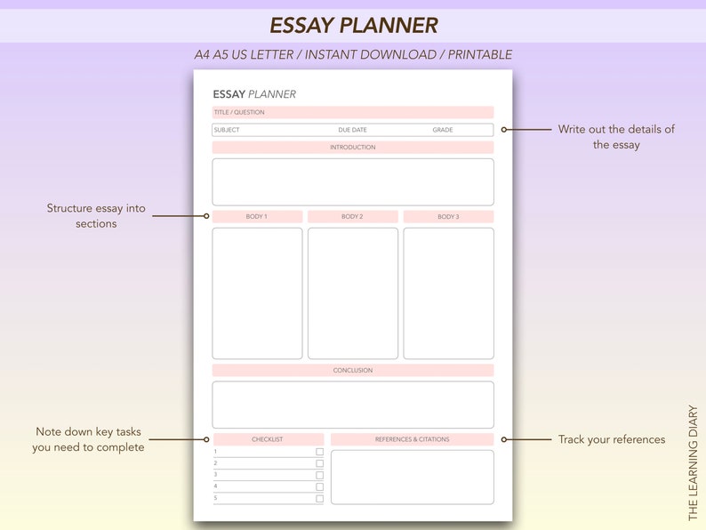 Simple Essay Planner Printable Set  Essay Writing Template  Essay Plan Template Digital  A4  A5  US Letter size  Instant Download