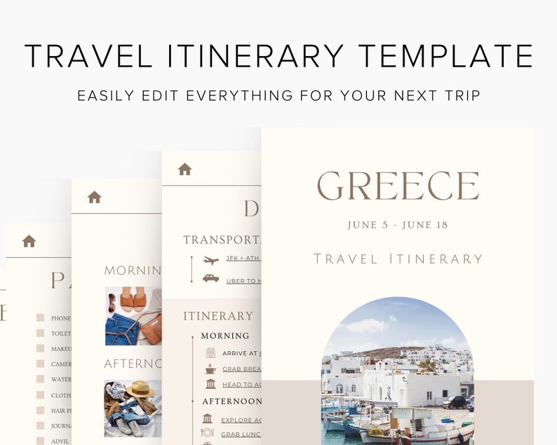 Travel Itinerary Template Modern Minimal  Desktop  iPad  Tablet  Editable on Canva  Printable  Digital Template Download  Traveling Greece
