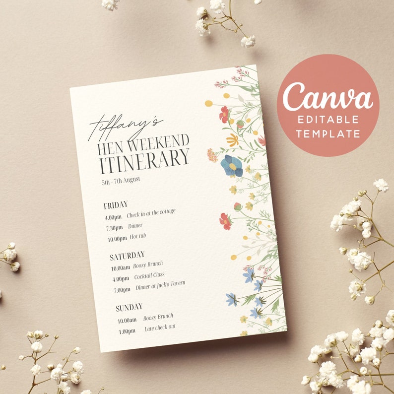 Floral Hen Do Weekend Itinerary Planner Editable Template  Botanical Wildflower Digital Download Printable   DIY Canva Template