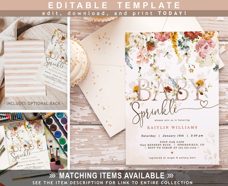 Baby Sprinkle Invitation Template DOWNLOAD  Garden Flowers 5x7 invite  Editable DIGITAL file  Corjl  09wg