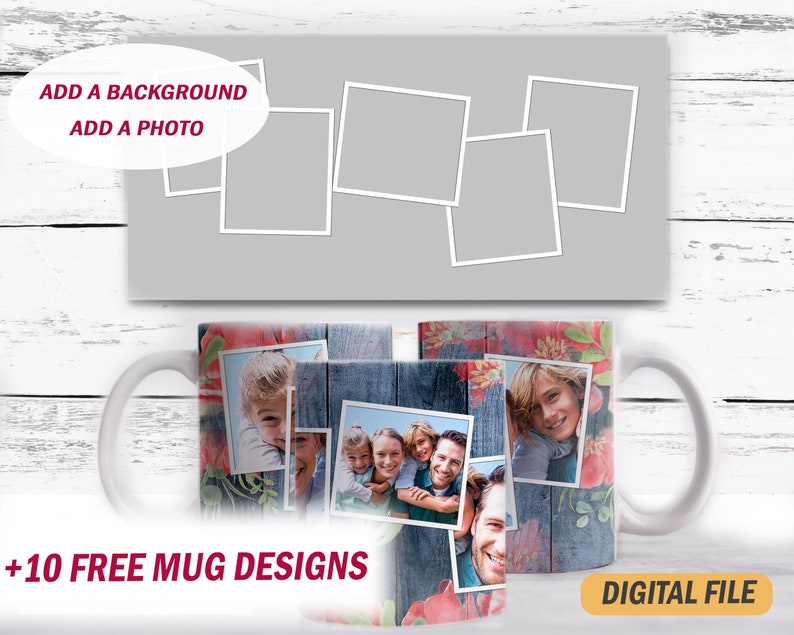 Photo template for 15 oz mugs 5 photo frames Png file for sublimation designs designs Picture coffee cup wrap digital downloads