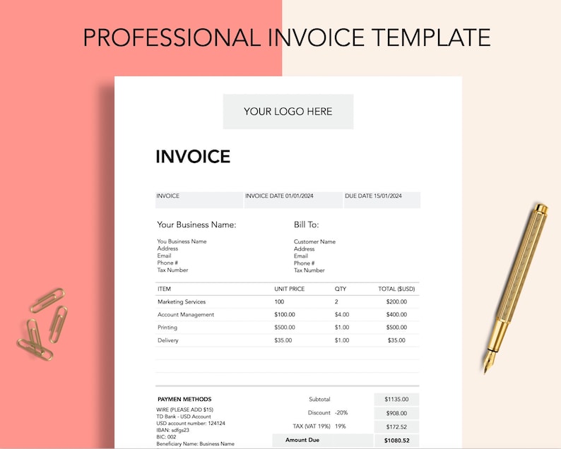 Invoice Template  Business Invoice  Photography invoice  Digital Form  WORD EXCEL Invoice template  Digital Download