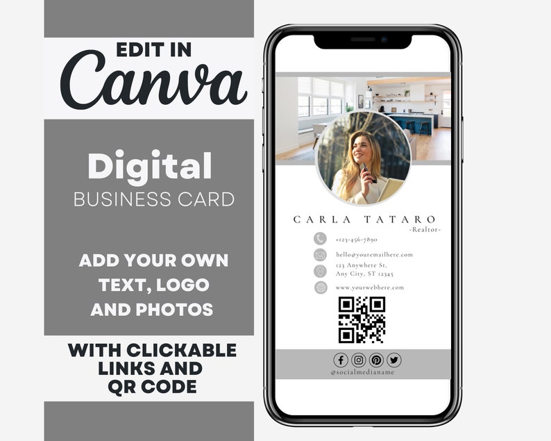 Realtor Digital Business Card Template With QR Code  Clickable Links  Fully Editable Canva Template Design  Instant Download Digital Card