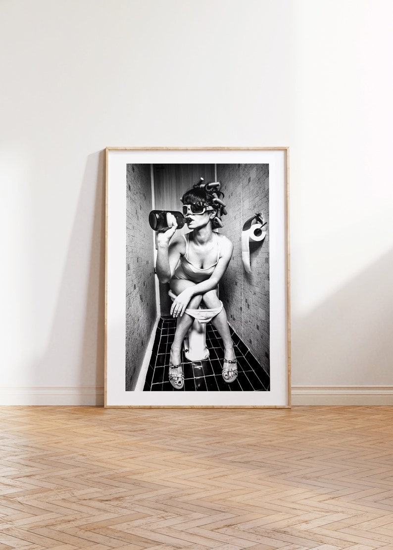 Girl on the toilet drinking  Toilet prints  Photograph  printable wall art  Digital download