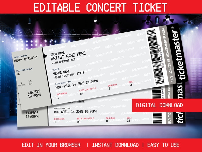 Editable Concert Ticket Template  Concert Ticket Printable  Concert Ticket Digital  Ticket Template Digital Download  (JTTKT 1)