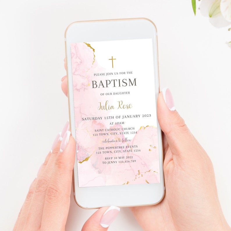 Baptism Invitation  Girl Christening Invitation Template  Pink Christening Invite Template  Pink Watercolor Girls Pink Gold Evite