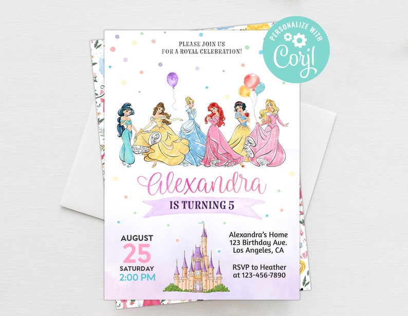 Princess Birthday Girl Invitation Editable Template Custom Printable Instant Download Digital or Printed Cinderella  Ariel  Belle