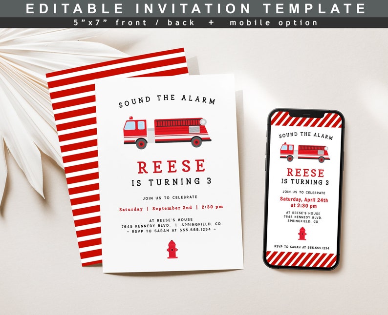 Editable Fire Truck Birthday Invitation Template  mobile invite DIGITAL DOWNLOAD  Corjl