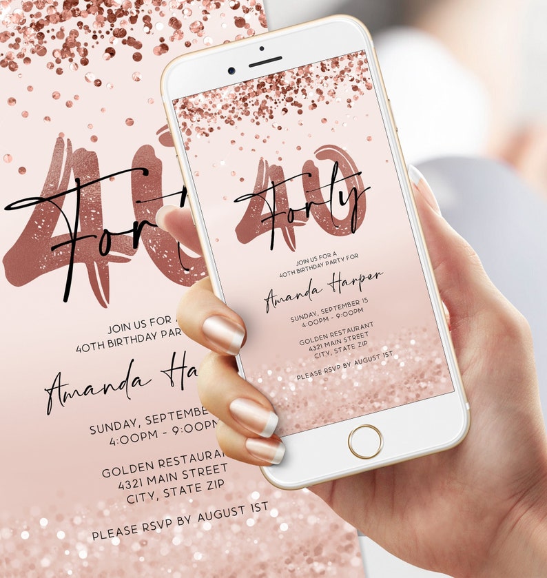 Electronic 40th Forty Birthday Invitation Template  Digital Rose Gold Foil Confetti  Girls Party Editable Invite Evite  Email Text Message