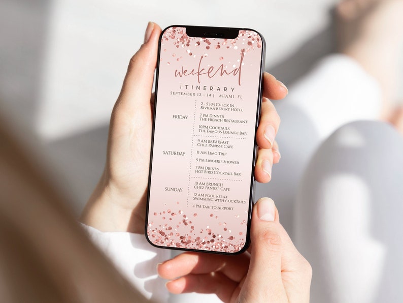 Pink Rose Gold Digital Weekend Itinerary Template  Birthday  Bachelorette  Electronic Schedule  DIY Mobile Itinerary  Editable Text Message