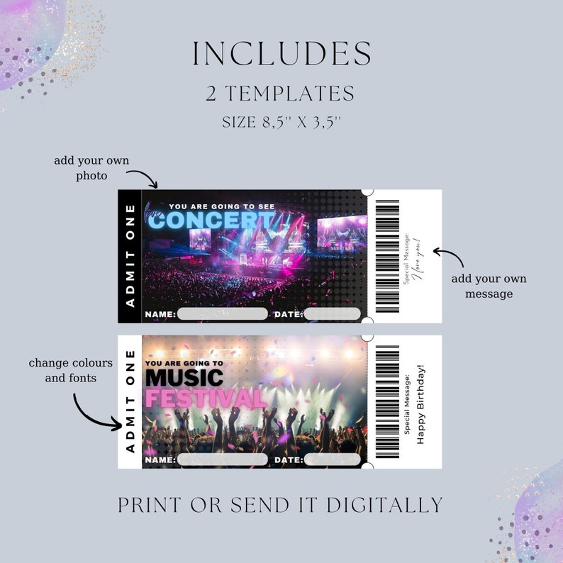 Concert Ticket Template Canva  Editable Event Tickets Gift  Printable Gift Certificate  Customizable Surprise Show  Instant Download TC001