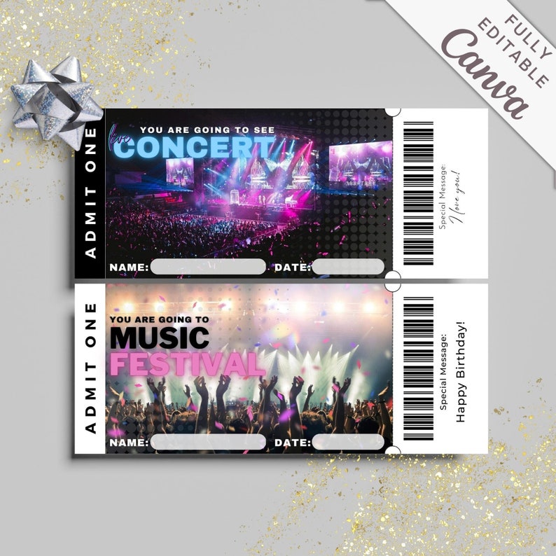 Concert Ticket Template Canva  Editable Event Tickets Gift  Printable Gift Certificate  Customizable Surprise Show  Instant Download TC001