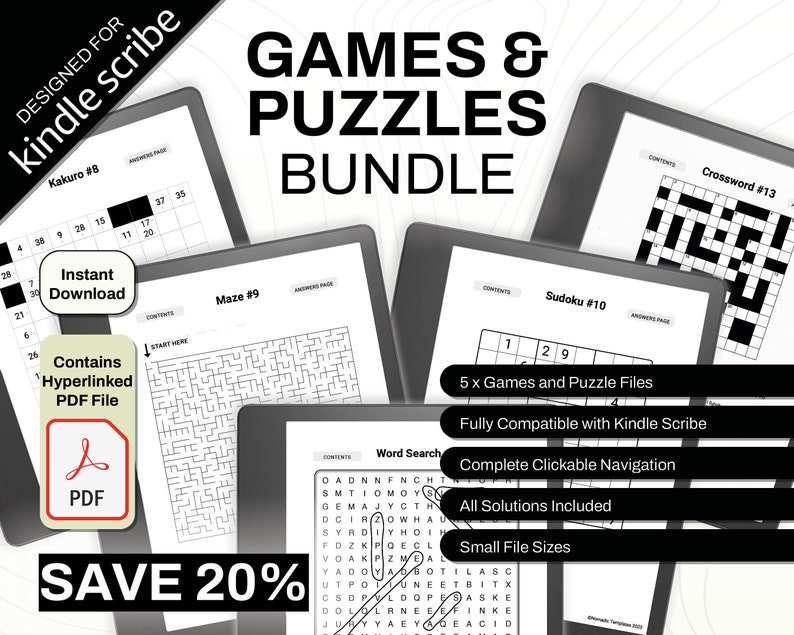 Kindle Scribe Games and Puzzle Bundle  Word Search  Sudoku  Mazes  Crossword  Kakuro  Clickable PDF Template  Digital Download