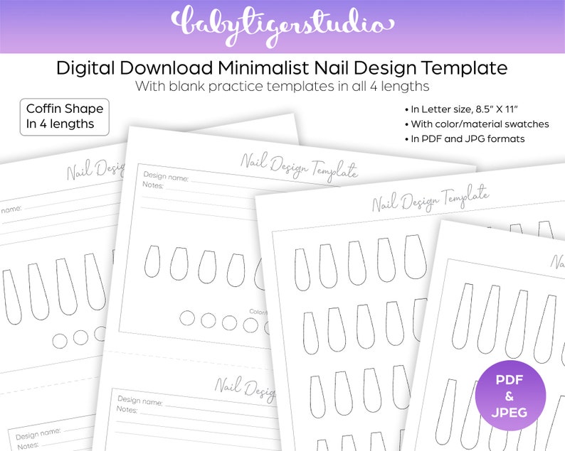 Instant Download   Printable Coffin shaped nail design  practice templates