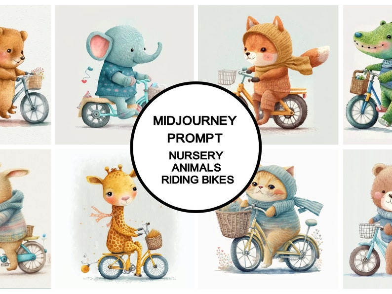 MidJourney prompt for cute animal nursery art  Animals riding bikes  Kids bedroom art generator  Best Midjourney Prompt  Nursery Wall Art