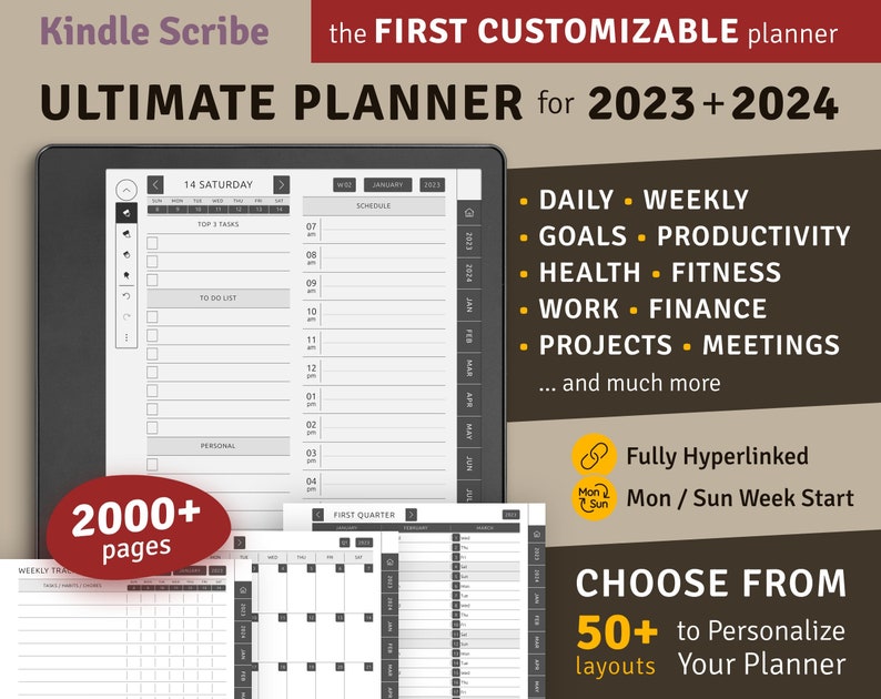2023  2024 Kindle Scribe Ultimate Planner  Hyperlinked Digital Planner Bundle  Digital Download PDF Template for Kindle Scribe Tablets