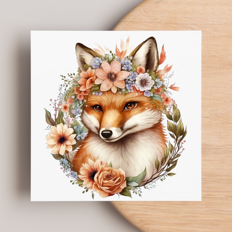 Floral Fox Printable Clipart Design Instant Digital Download Animal Image