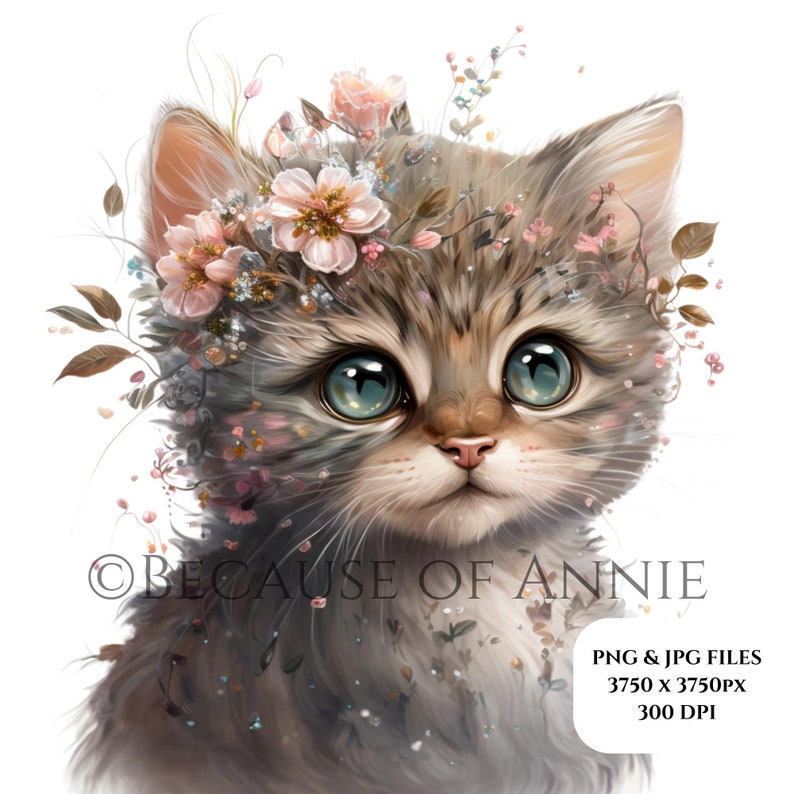 Cute Kitten Clip Art  Boho Floral Cat Clipart  Instant Digital Download JPG and PNG with Transparent Background  Commercial Use for Crafters