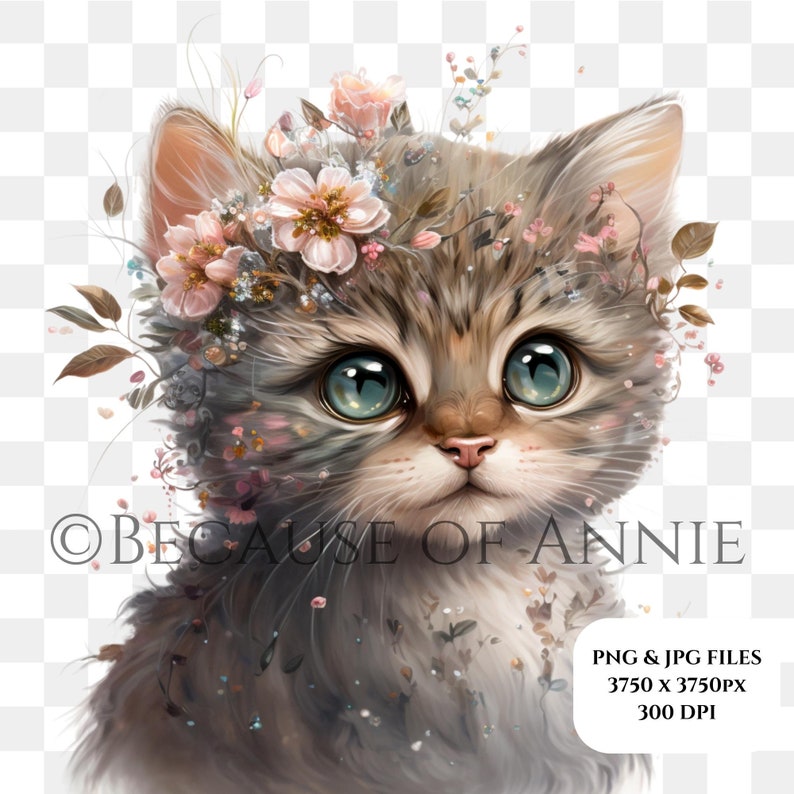 Cute Kitten Clip Art  Boho Floral Cat Clipart  Instant Digital Download JPG and PNG with Transparent Background  Commercial Use for Crafters