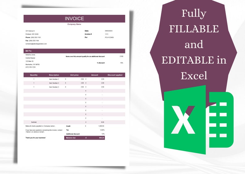 Invoice Template Excel  Excel Invoice Template Spreadsheet  Invoice  Freelance Invoice  Microsoft Excel Template  Printable Invoice  Invoice