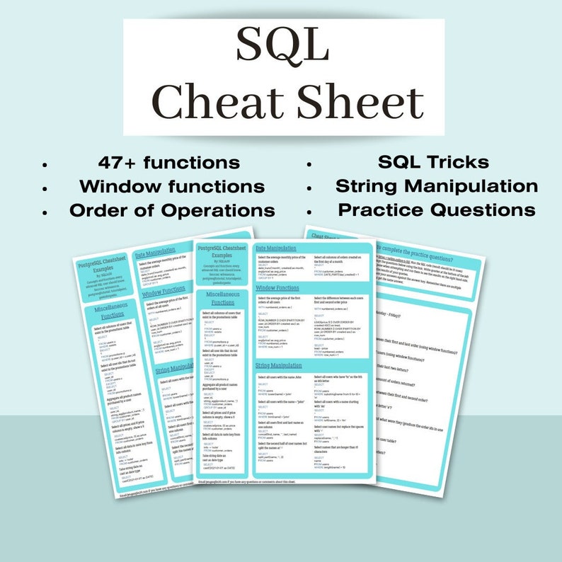 SQL Cheat Sheet  Practice Questions  Data Analyst Guides  PDF Digital Download  4 Pages