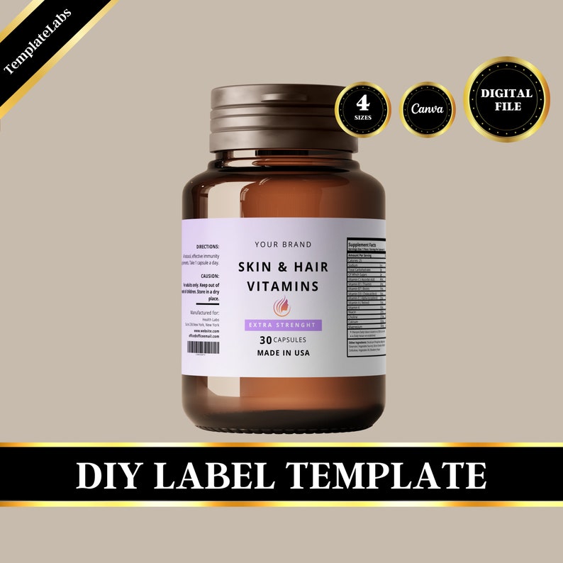 Supplement Bottle Label  Supplement Label Template  Vitamin Label  Editable Label Canva  Edit in Canva  DIY Label  Digital Download  4 Sizes