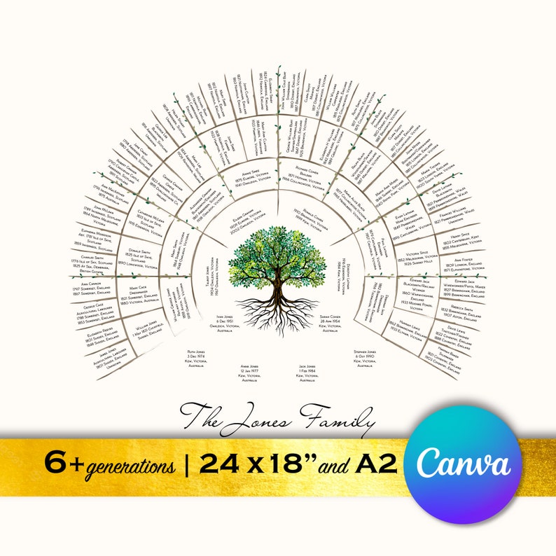 Family Tree Canva template; 6 generation Tree of Life design; gift for newlyweds  inlaws  and family reunions; digital download