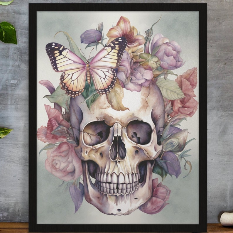 Boho Skull Art Print  Sugar Skull Instant Download Printable Home Decor  Floral Skull Digital Poster Wall Art Gift  Downloadable Gothic Art