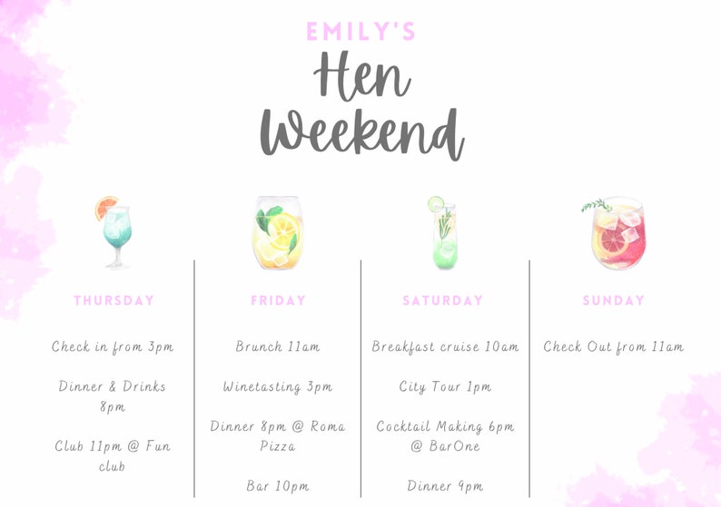 Hen Do Itinerary  Hen Party Editable Template  Digital Download Printable  DIY Trip Itinerary  Canva Template  Bride Party Itinerary
