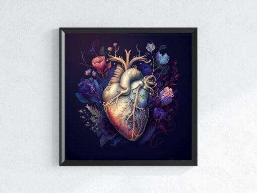 Human Heart with Flowers Art   Anatomical Human Heart Wall Art   Medical Gift  Cardiologist  Anatomy Print  Instant Digital Download  AI164