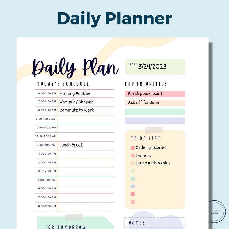 Pastel Daily Planner  Printable Daily Planner  Digital Daily Planner  Hourly Planner  To Do List  Printable Download  Instant Download