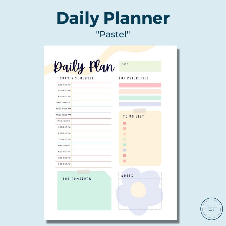 Pastel Daily Planner  Printable Daily Planner  Digital Daily Planner  Hourly Planner  To Do List  Printable Download  Instant Download