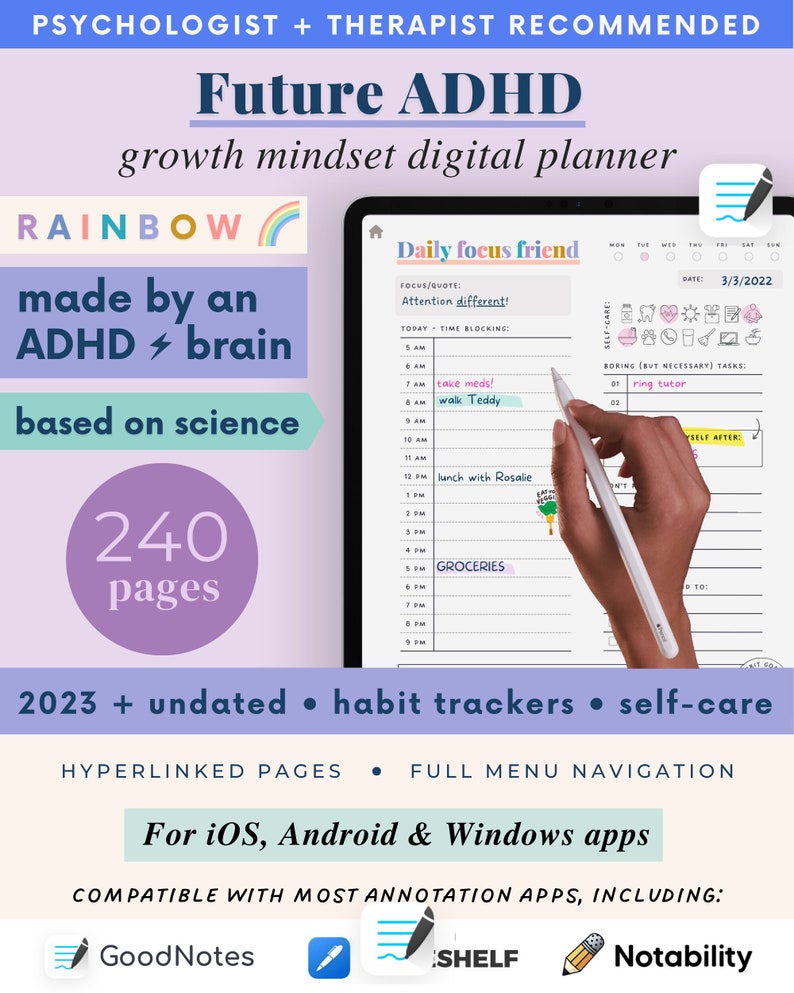 ADHD Digital Planner (made by an ADHDer) for iPad  Goodnotes  Android  Adult ADHD daily planner  self care  habit tracker  Science based