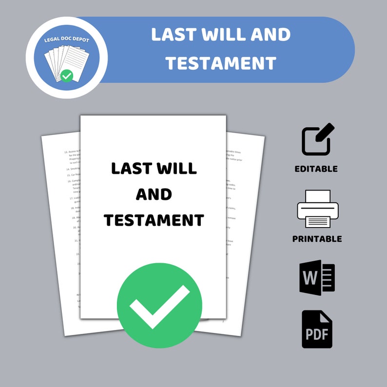 Last Will and Testament Template  2 different files   PDF form  Word document